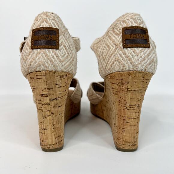 Toms Platform Cork Wedge Sandal Size 9.5 Strappy Canvas Beige Cream Espadrille - Picture 5 of 9
